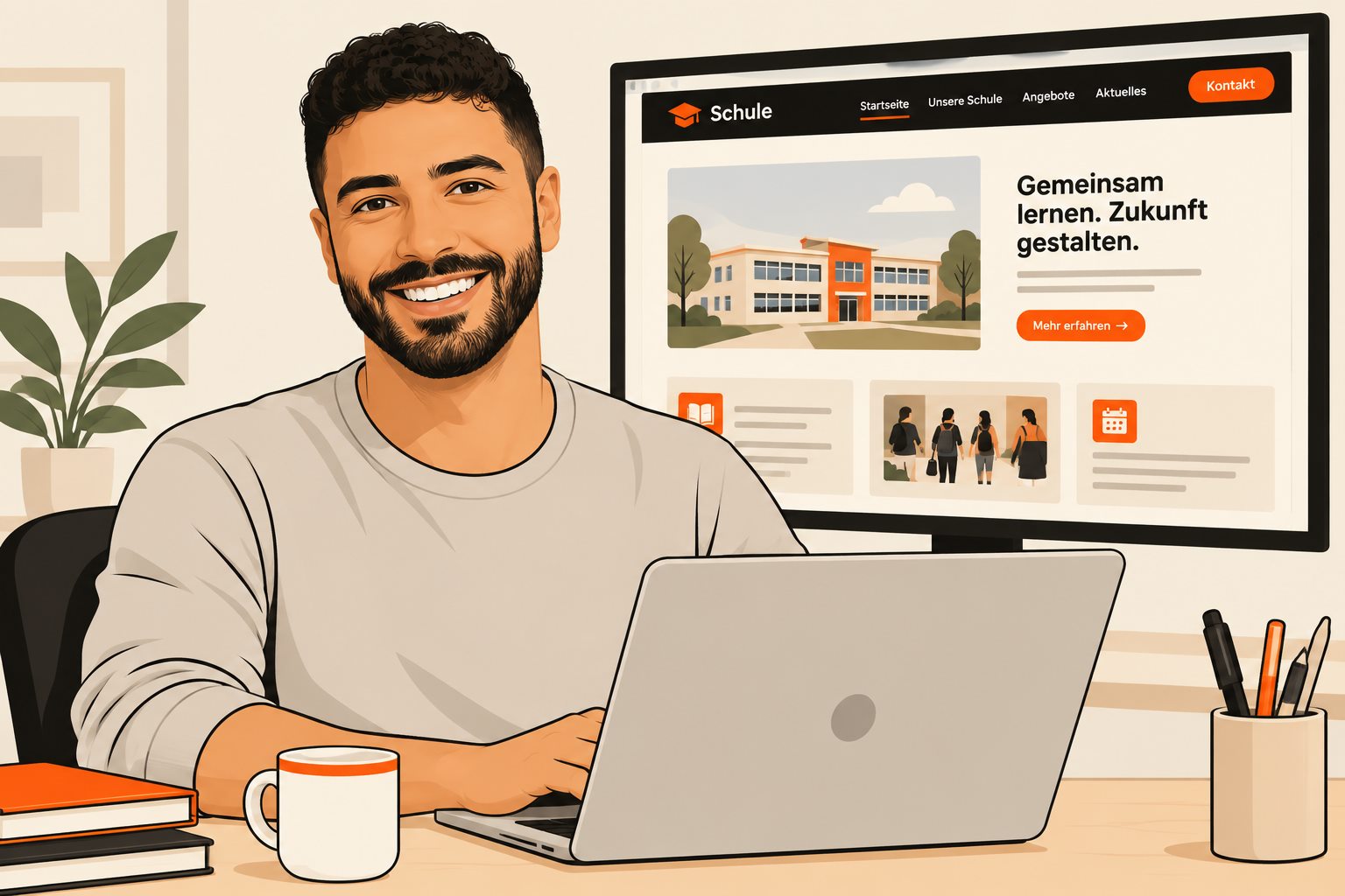 Comic-Illustration: Kasim Bozkurt am Schreibtisch mit Laptop, im Hintergrund ein Bildschirm mit einer Schulwebsite